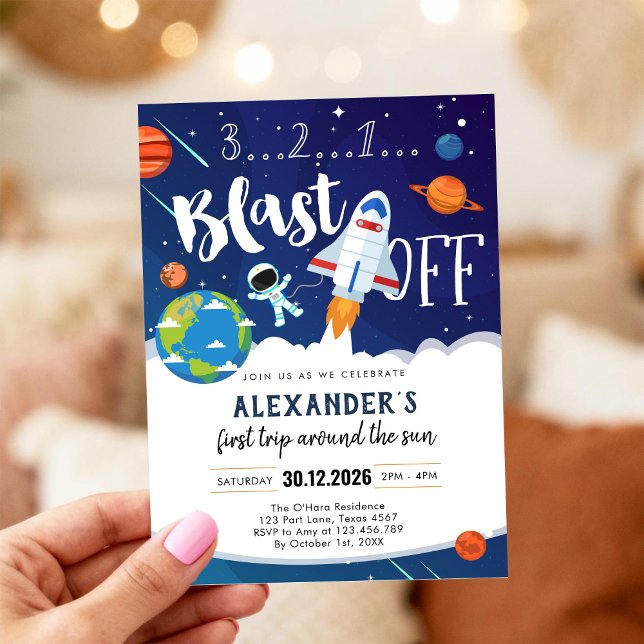 Outer Space First Trip Around the Sun 1st Birthday Invitation (Creator Uploaded)