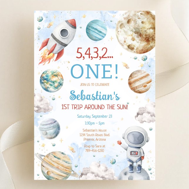 Outer Space First Trip Around The Sun 1st Birthday Invitation (Creator Uploaded)
