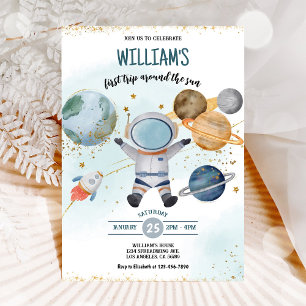 Outer Space First Trip Around the Sun Boy Birthday Invitation