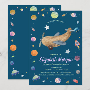 Outer Space Galaxy Aeroplane Toy Baby Shower Invitation