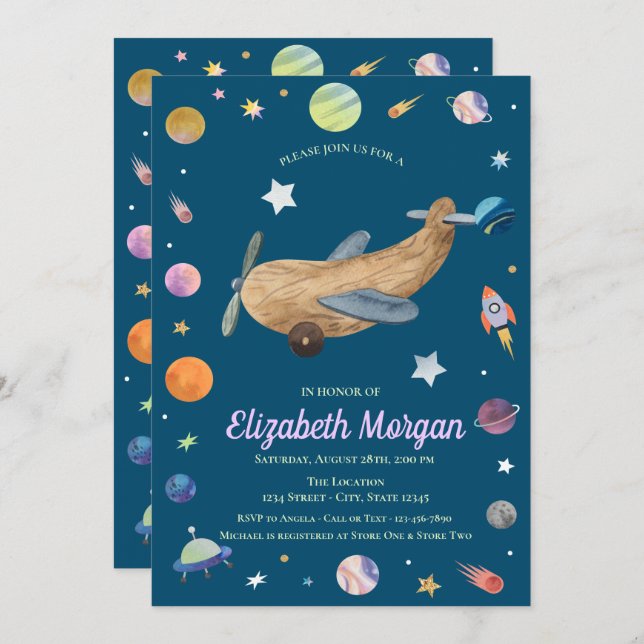 Outer Space Galaxy Aeroplane Toy Baby Shower  Invitation (Front/Back)