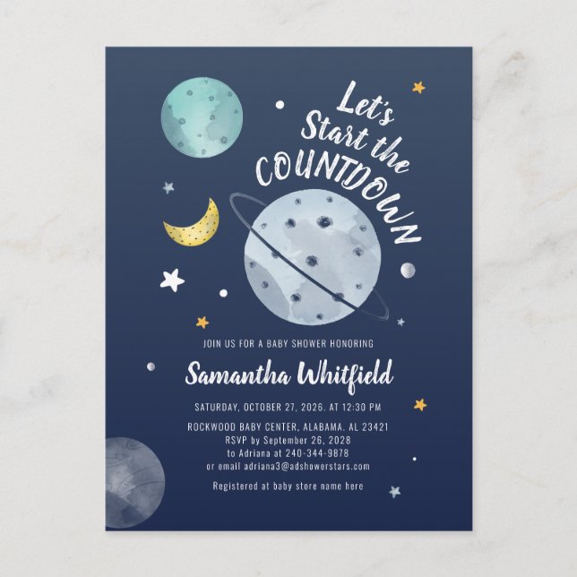 Outer Space Galaxy Baby Shower Countdown Script Invitation Postcard (Front)