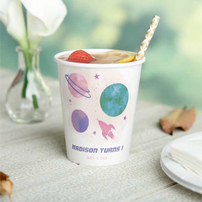 Outer Space Galaxy Planet Girl 1st Birthday Paper Cups (Insitu)