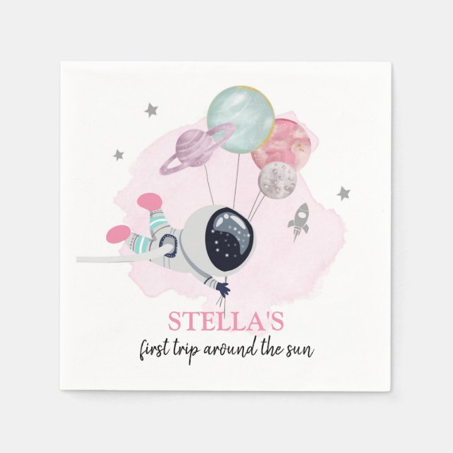 Outer Space Girl 1st Trip Around the Sun Birthday Napkin (Front)