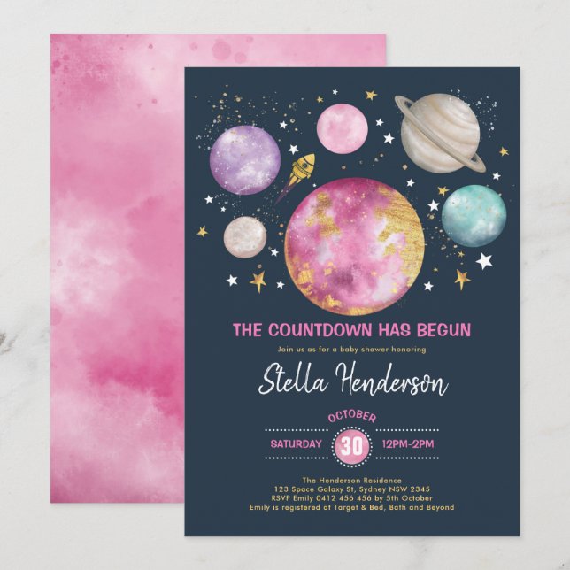 Outer Space Girl Baby Shower Moon Stars Galaxy Inv Invitation (Front/Back)