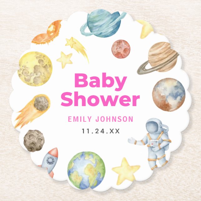 Outer Space Girl Baby shower Paper Coaster (Front)