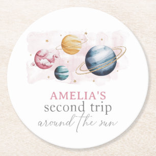 Outer Space Girl Birthday Galaxy Stars Planets Round Paper Coaster