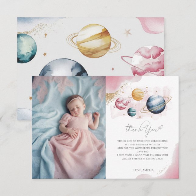 Outer Space Girl Birthday Galaxy Stars Planets Thank You Card (Front/Back)