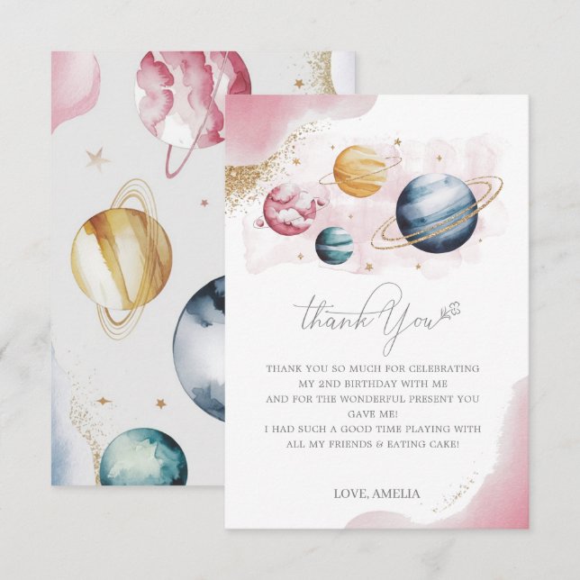 Outer Space Girl Birthday Galaxy Stars Planets Thank You Card (Front/Back)