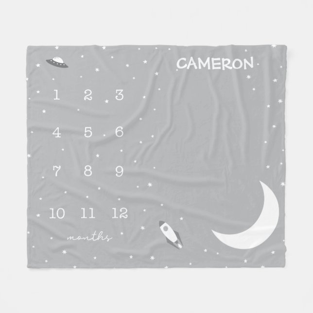 Outer space grey and white Milestone baby Fleece Blanket (Front (Horizontal))