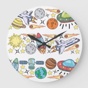Outer Space: Hand-Drawn Vintage Doodles Large Clock