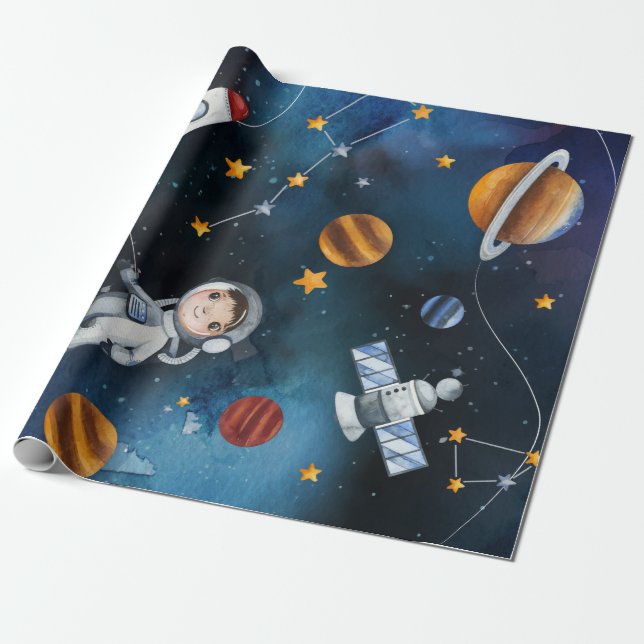 Outer Space Kids Birthday Watercolor Wrapping Paper (Unrolled)