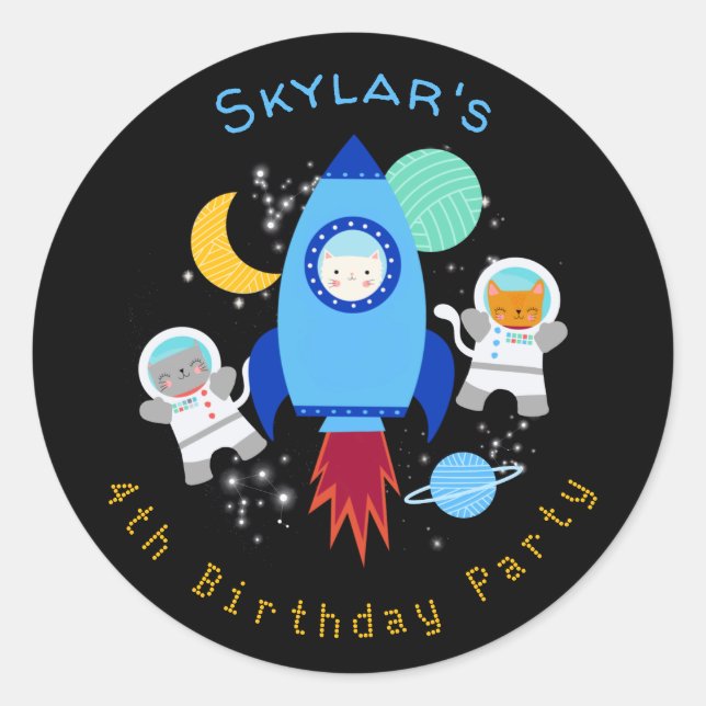 Outer Space Kittens Cat Astronaut Kids Birthday Classic Round Sticker (Front)