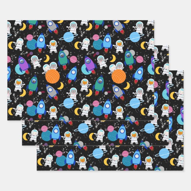Outer Space Kittens Cat Astronaut Kids Birthday Wrapping Paper Sheet (Set)