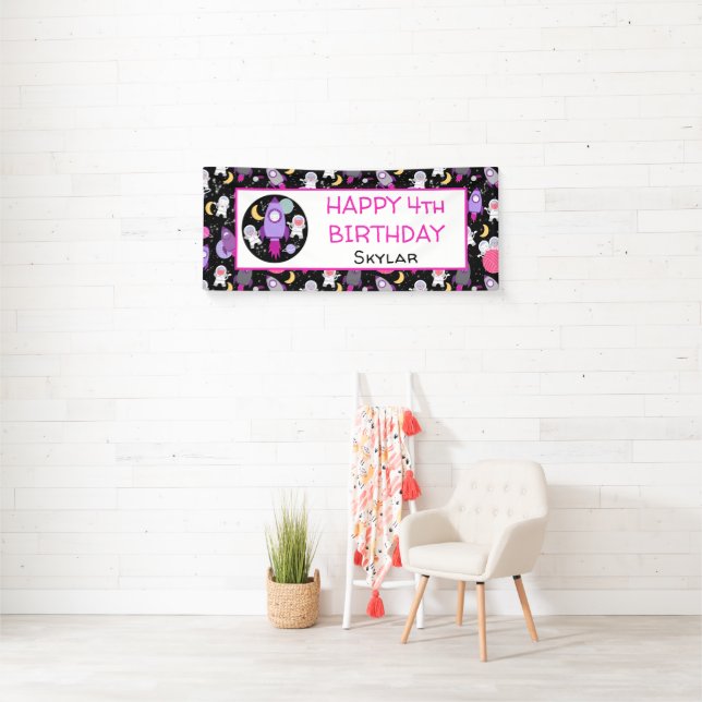 Outer Space Kittens Cat Astronaut Purple Birthday Banner (Insitu)