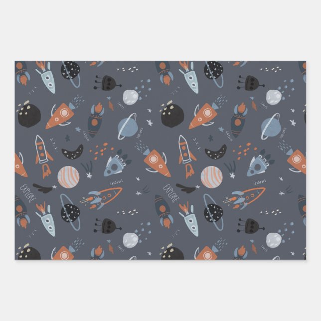 Outer space liftoff wrapping paper sheet (Front)