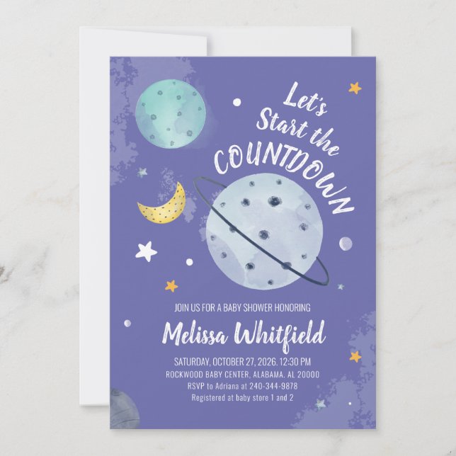 Outer Space Modern Script Planets Baby Shower Invitation (Front)