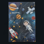 Outer Space Moon Stars Astronaut Personalised Tea Towel<br><div class="desc">Cute outer space pattern you can add a name to make it personal. Check out the other items in this collection below like the throw pillow to match this cool blanket. Add the name by clicking on the "Personalise" link above</div>
