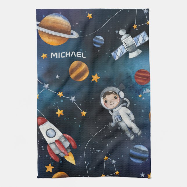 Outer Space Moon Stars Astronaut Personalised Tea Towel (Vertical)