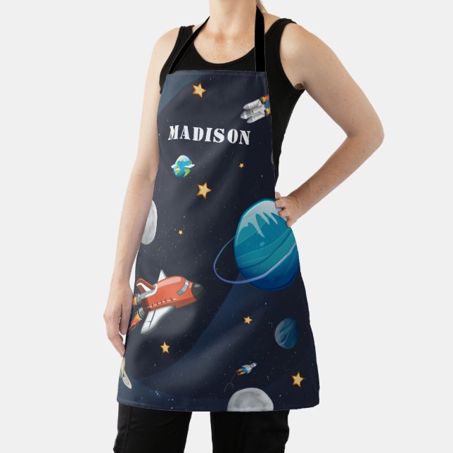 Outer Space Moon Stars Monogram Name Personalised Apron (Insitu)