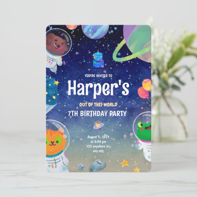 Outer Space Party Planet Animals Birthday  Invitation (Standing Front)