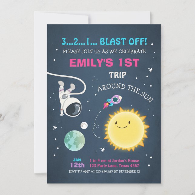 Outer Space Pink Girl 1st Birthday Invitation (Front)