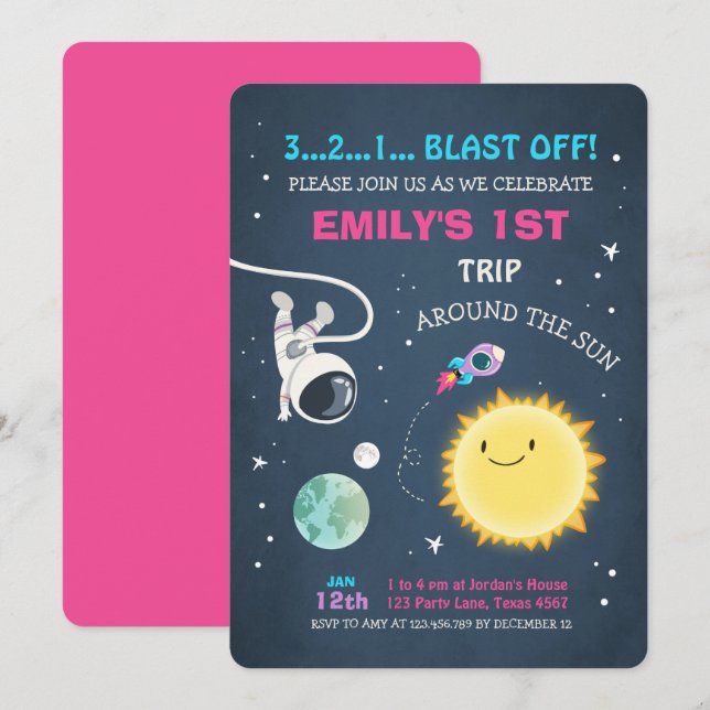 Outer Space Pink Girl 1st Birthday Invitation (Front/Back)