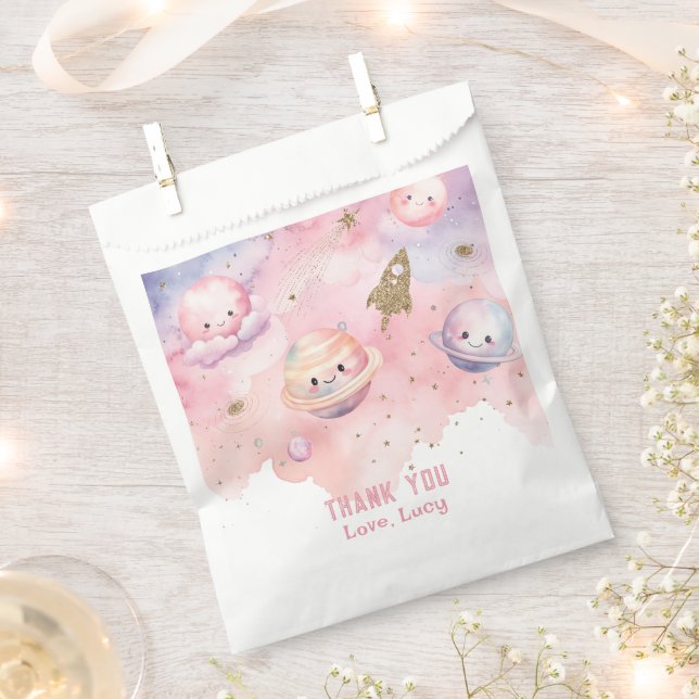 Outer Space pink golf planets and stars Thank you Favour Bags (Clipped)