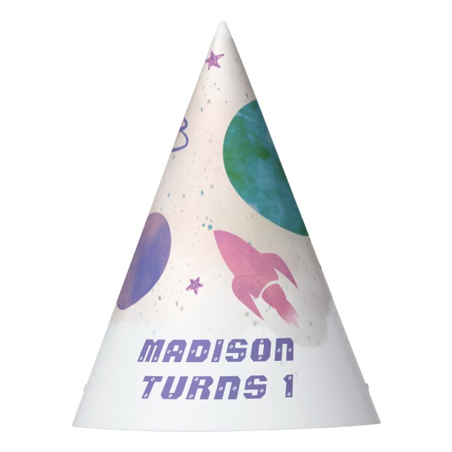 Outer Space Pink & Violet Planet 1st Birthday Girl Party Hat (Front)