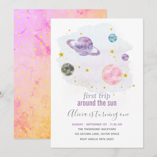 Outer Space Planet Girl First Birthday Invitation (Front/Back)