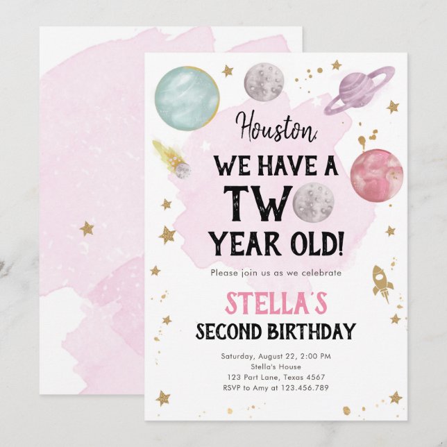 Outer Space Planet Girl Second Birthday Invitation (Front/Back)