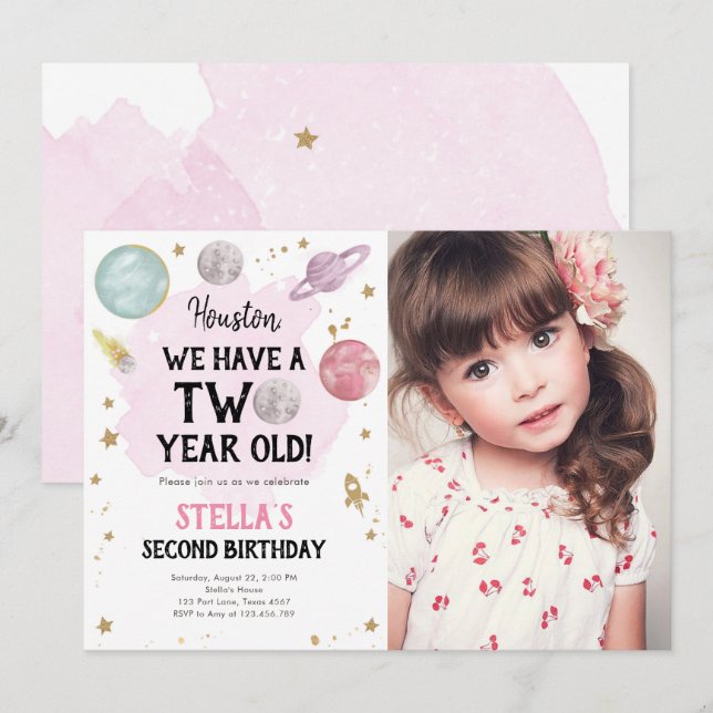 Outer Space Planet Girl Second Birthday Invitation (Front/Back)