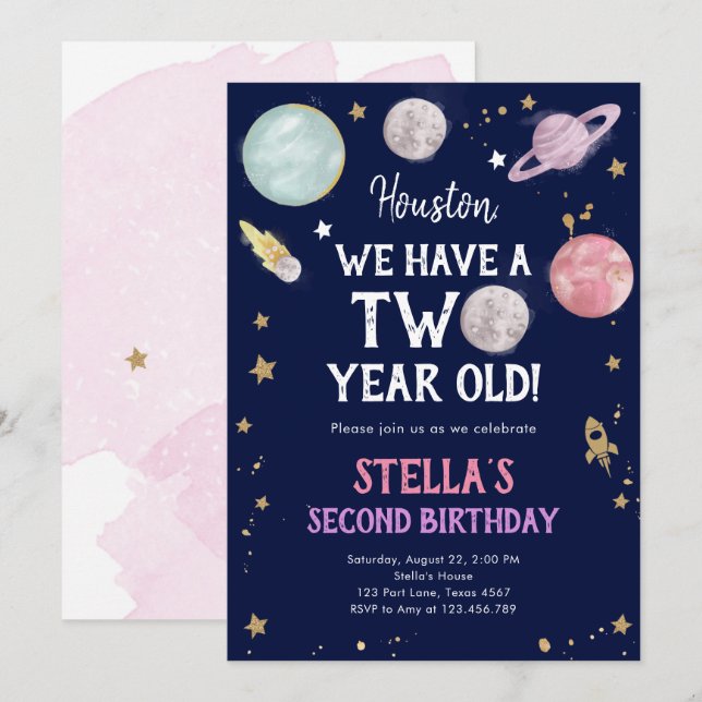 Outer Space Planet Girl Second Birthday Invitation (Front/Back)