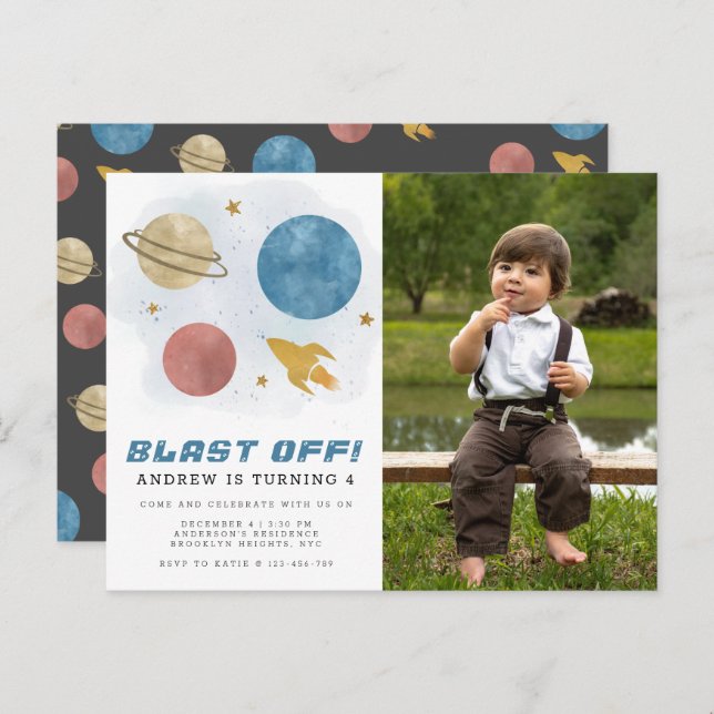 Outer Space Planet Watercolor 4th Birthday Photo Postcard (Front/Back)