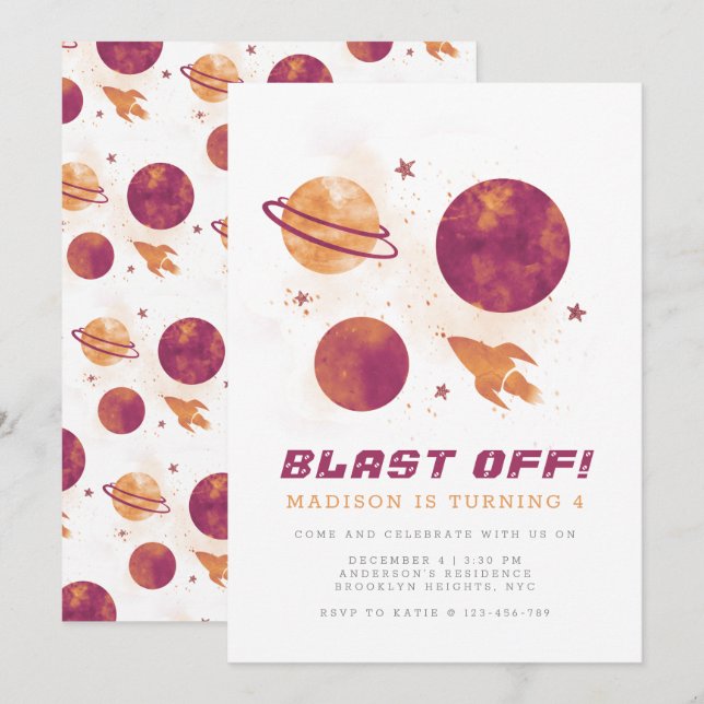 Outer Space Planet Watercolor Girl 4th Birthday  Invitation (Front/Back)