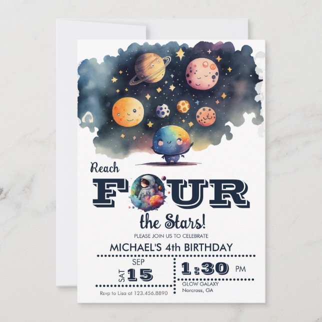 Outer Space  | Planets and Stars | 4th Birthday   Invitation (Front)