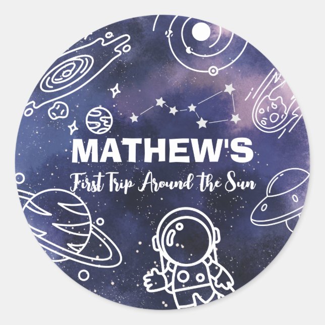 Outer Space Planets Astronaut 1st Birthday Boy Classic Round Sticker (Front)
