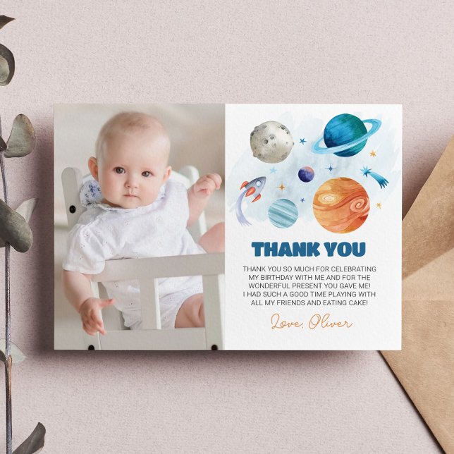 Outer Space Planets Birthday Photo Thank You Card (Creator Uploaded)