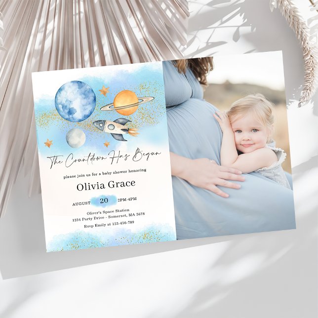 Outer Space Planets Boy First Baby Shower Photo Invitation (Creator Uploaded)