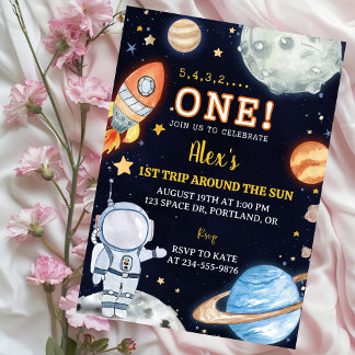 Outer Space Planets Boy First Birthday Invitation