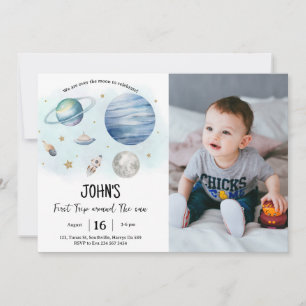 Outer Space Planets Boy First Birthday Photo Invitation