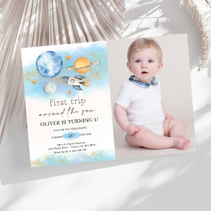 Outer Space Planets Boy First Birthday Photo Invitation