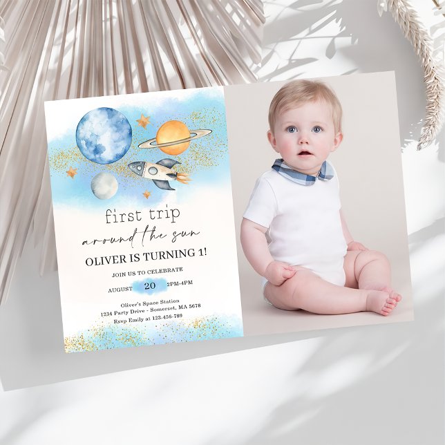 Outer Space Planets Boy First Birthday Photo Invitation (Creator Uploaded)