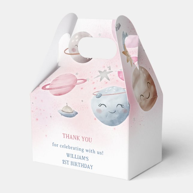 Outer Space Planets Boy Galaxy First Trip Birthday Favour Box (Front Side)