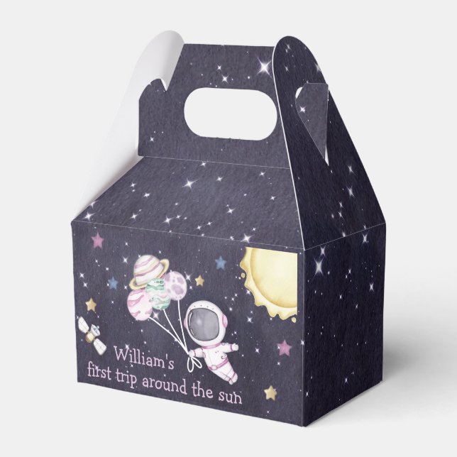 Outer Space Planets Boy Galaxy First Trip Birthday Favour Box (Front Side)