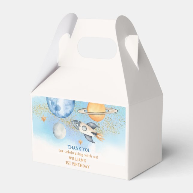 Outer Space Planets Boy Galaxy First Trip Birthday Favour Box (Front Side)