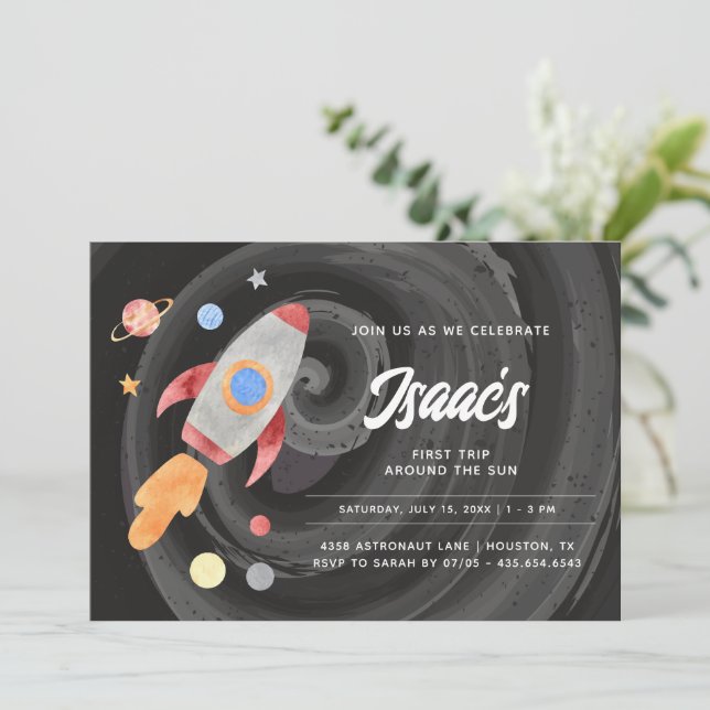 Outer Space Planets First Birthday Boy Invitation (Standing Front)