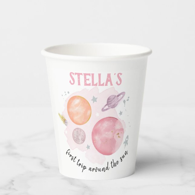 Outer Space Planets First Trip Girl 1st Birthday Paper Cups (Front)