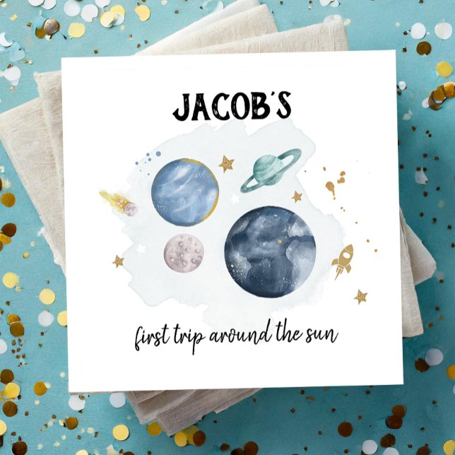 Outer Space Planets Galaxy Gold Blue Boy Birthday  Napkin (Creator Uploaded)
