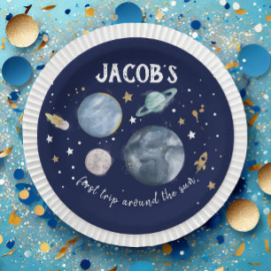 Outer Space Planets Galaxy Gold Blue Boy Birthday Paper Plate